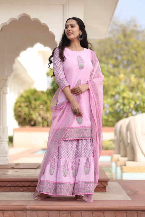 MULMUL VINAYA FLORAL MOTIFS BLOCK PRINTED KURTA-SHARARA & DUPATTA SET MULMUL VINAYA FLORAL MOTIFS BLOCK PRINTED KURTA-SHARARA & DUPATTA SET